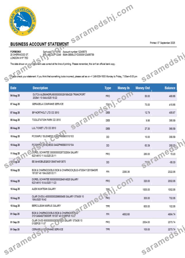 Caribbean Development bank firm account statement Word and PDF template